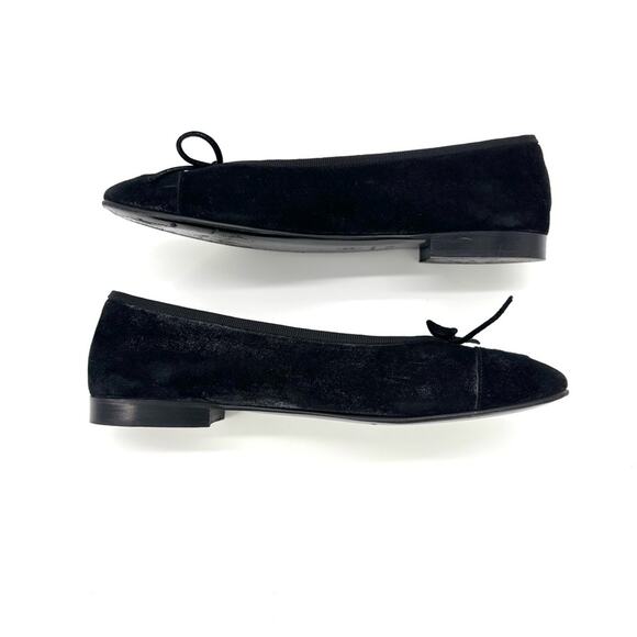 Chanel CC Logo Bow Black Suede Cap Toe Ballerina Flats 37.5 - Picture 5 of 9